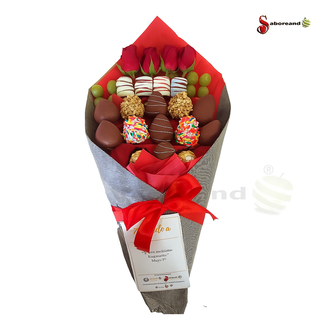 Ramo de fresas con chocolate y uvas con rosas costa rica