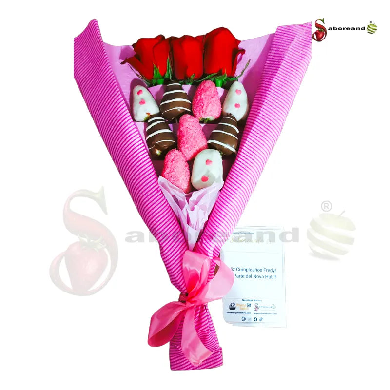 ramo frutal de fresas con chocolate y rosas rojas