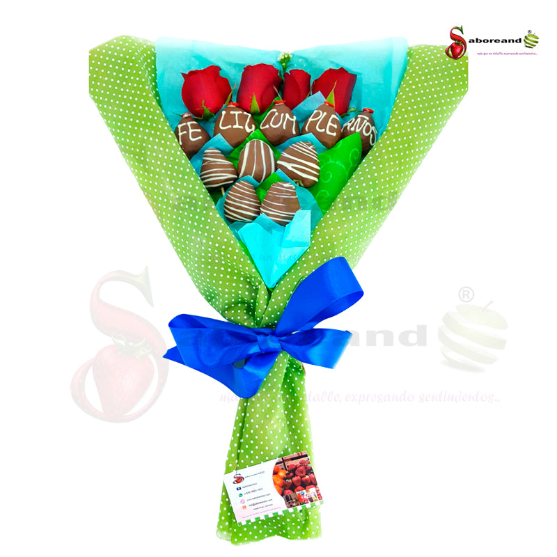 ramo frutal de fresas con chocolate y rosas rojas