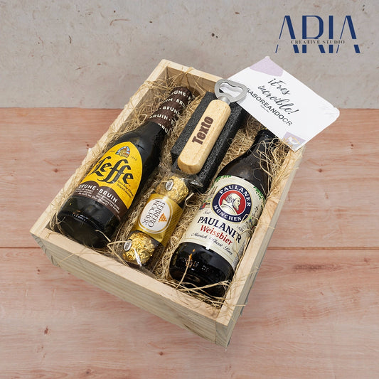 gift box de cerveza y chocolate con abridor o abrelatas personalizado costa rica