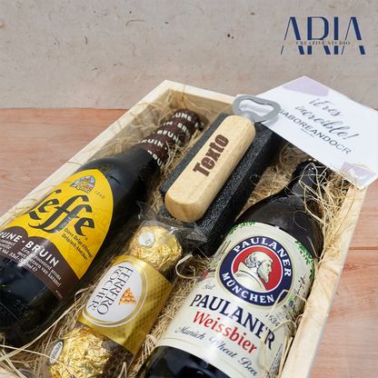 gift box de cerveza y chocolate con abridor o abrelatas personalizado costa rica