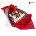 ramo frutal de fresas con chocolate y rosas rojas