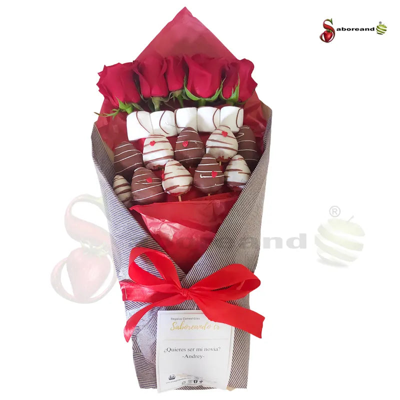 ramo frutal de fresas con chocolate y rosas rojas