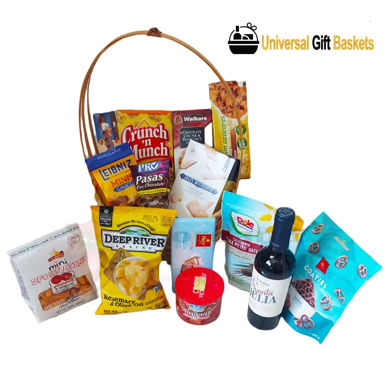 Cesta de regalo universal: Cesta de aperitivos y vino espléndidos