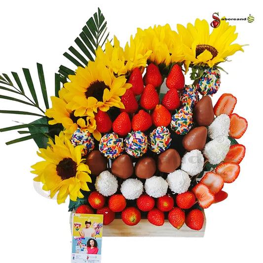 Arreglo frutal de girasoles con fresas y chocolates grande para regalar en costa rica