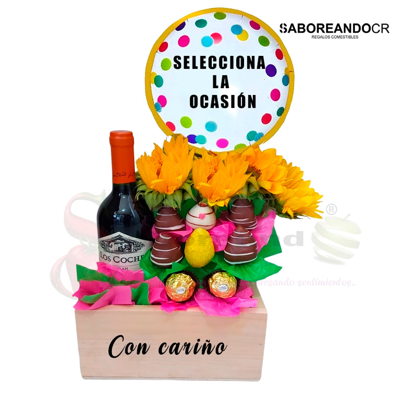 areglo frutal con vino fresas con chocolate girasoles ferrero y globo osta rica