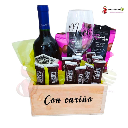 Arreglo de vino con chocolates sin azucar para diabeticos y copa para regalar costa rica