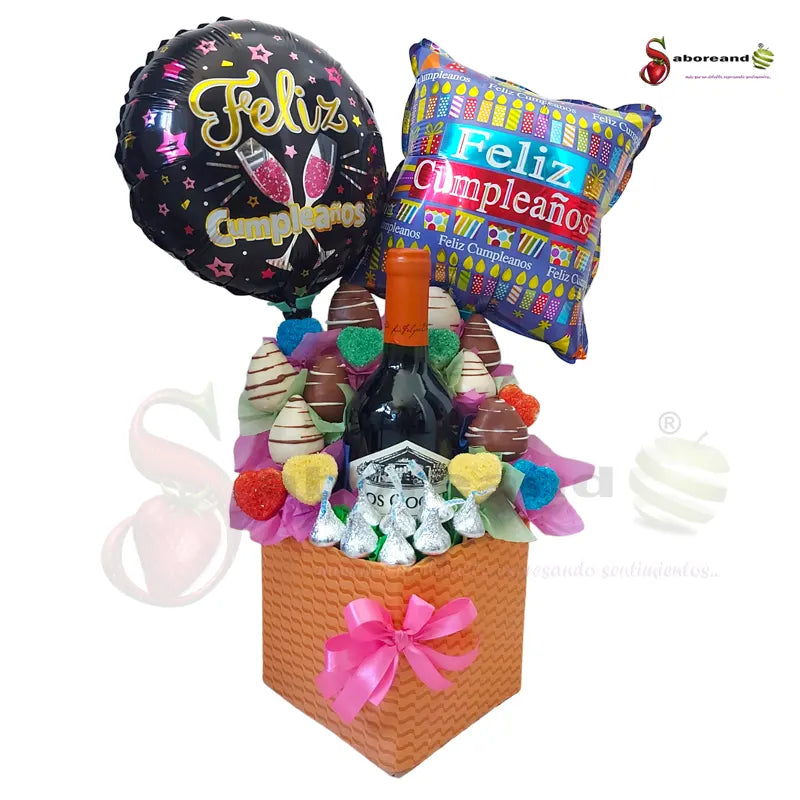 Caja craf con chocolates besitos, botella de vino y dos globos de amor