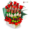 Arreglo frutal de fresas con chocolate y rosas rojas