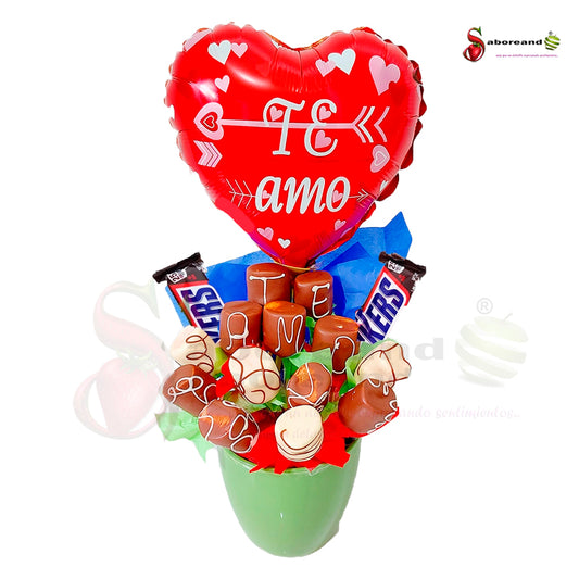 Arreglos de masmelos bombones cubiertos de chocolate con globo de amor o cumpleaños