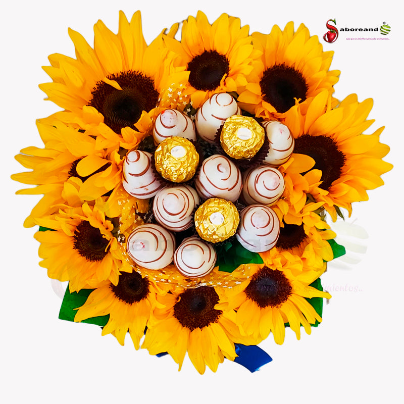 Caja de madera con girasoles fresas y chocolates costa rica