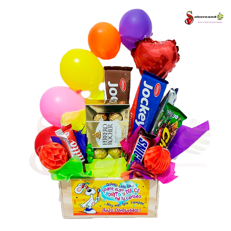 Caja de regalos de globos y chocolates para cumpleaños en costa rica
